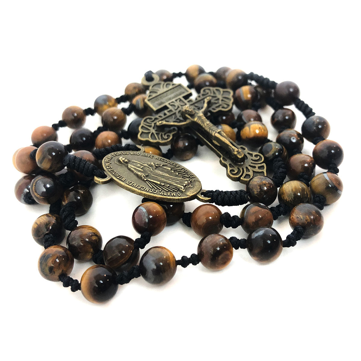Tiger's Eye Stone Miraculous Medal Cord Rosary & Rosary Bracelet Set b