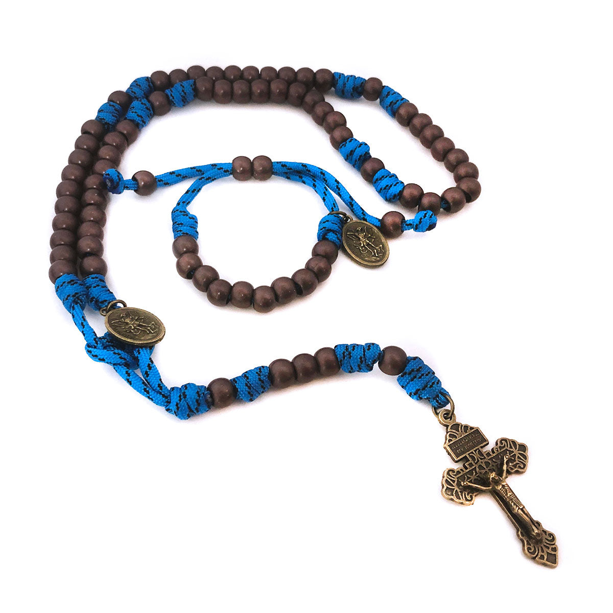 St. Michael Bronze and Blue Paracord Rosary and Rosary Bracelet Set by