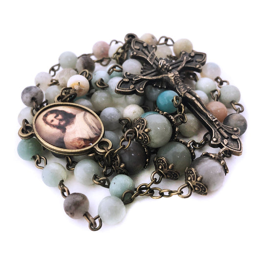 Jesus Christ Amazonite Stone Rosary by Catholic Heirlooms - Confirmation - Holy Communion Gift - Rosary Necklace