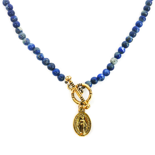 Miraculous Medal Blue Lapis Lazuli Front Toggle Clasp Necklace and Rosary Bracelet Set by DALIA LORRAINE