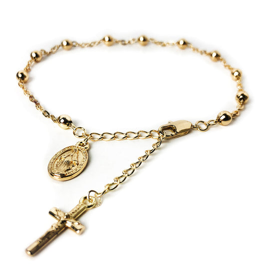 Catholic Rosary Bracelet with Our Lady of Graces Medal and Crucifix Charm - 14K Gold Plated