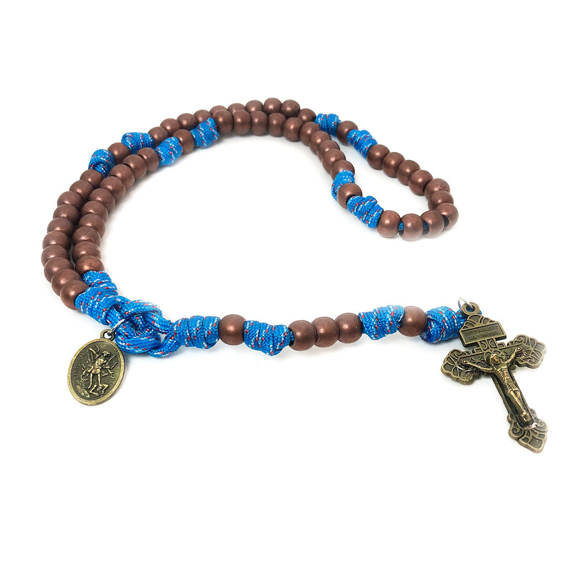 St. Michael Archangel Rosary and Bracelet Set with Crucifix and 10mm Hail Mary Beads, 10mm Copper-colored Acrylic Beads, Catholic Rosary Bracelet for Men and Women