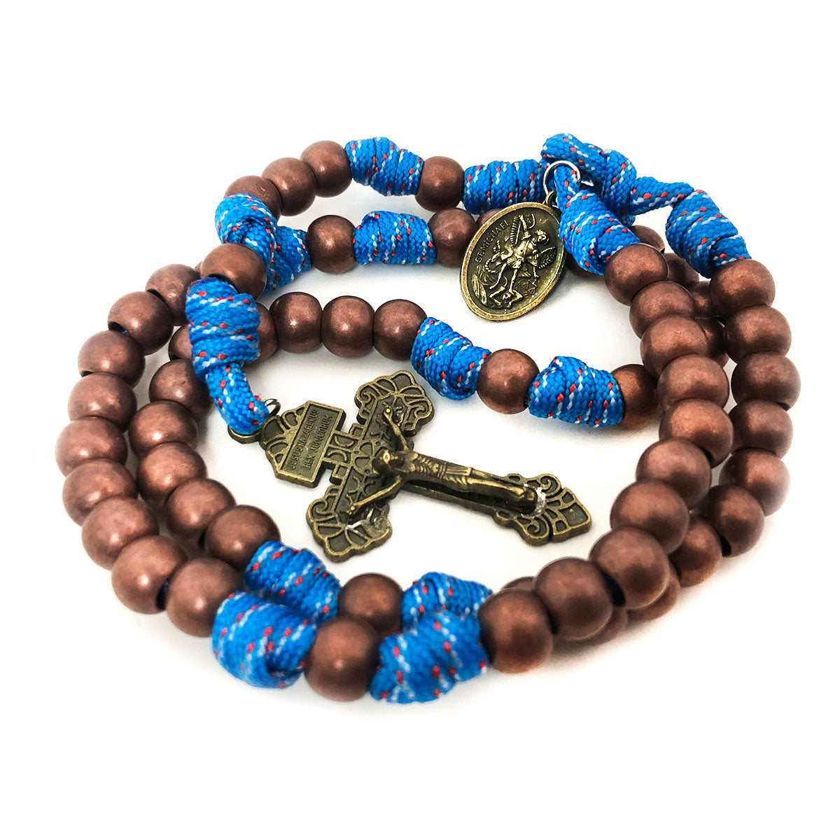 St. Michael Archangel Rosary and Bracelet Set with Crucifix and 10mm Hail Mary Beads, 10mm Copper-colored Acrylic Beads, Catholic Rosary Bracelet for Men and Women