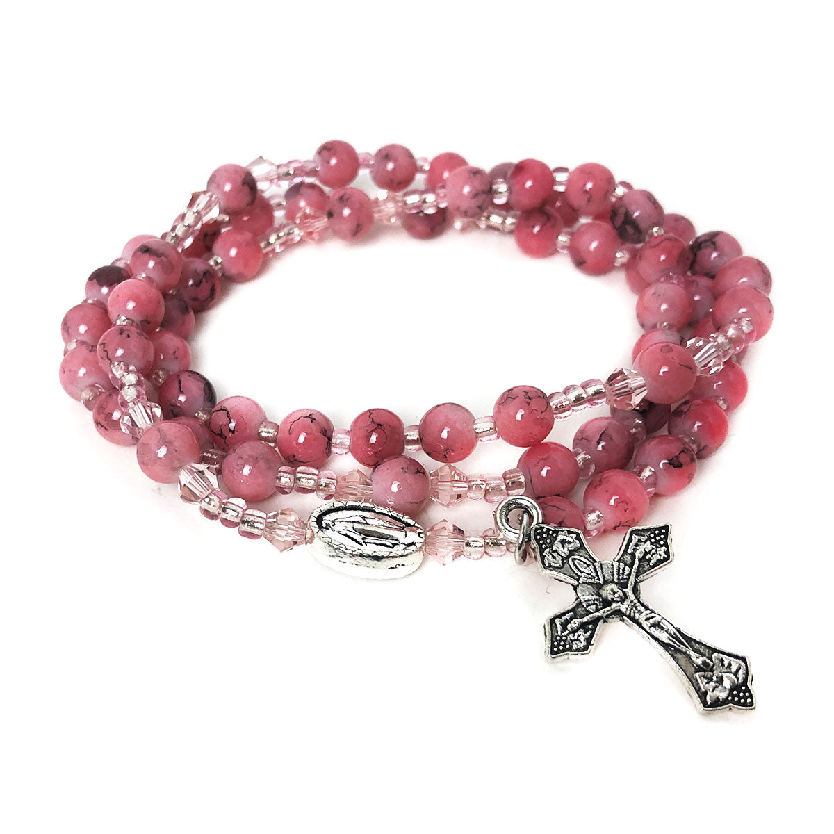 Assumption of the Virgin Mary Pink Crystal and White Howlite Stone Rosary Beads Catholic for Women and Rosary Bracelet for Women Set by Catholic Heirlooms