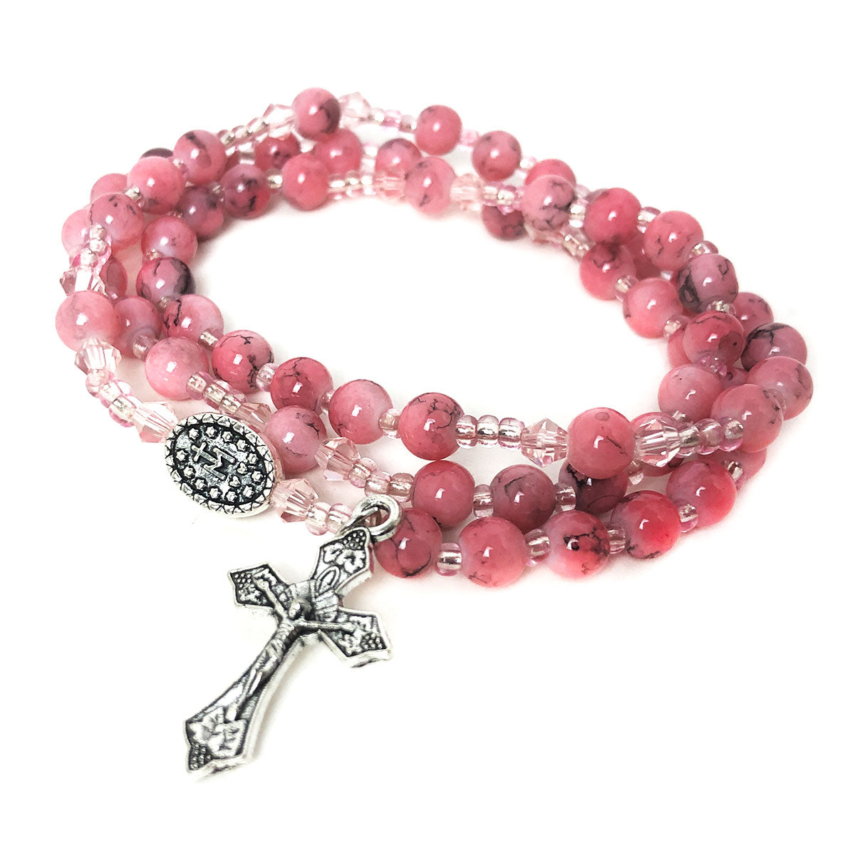 Assumption of the Virgin Mary Pink Crystal and White Howlite Stone Rosary Beads Catholic for Women and Rosary Bracelet for Women Set by Catholic Heirlooms