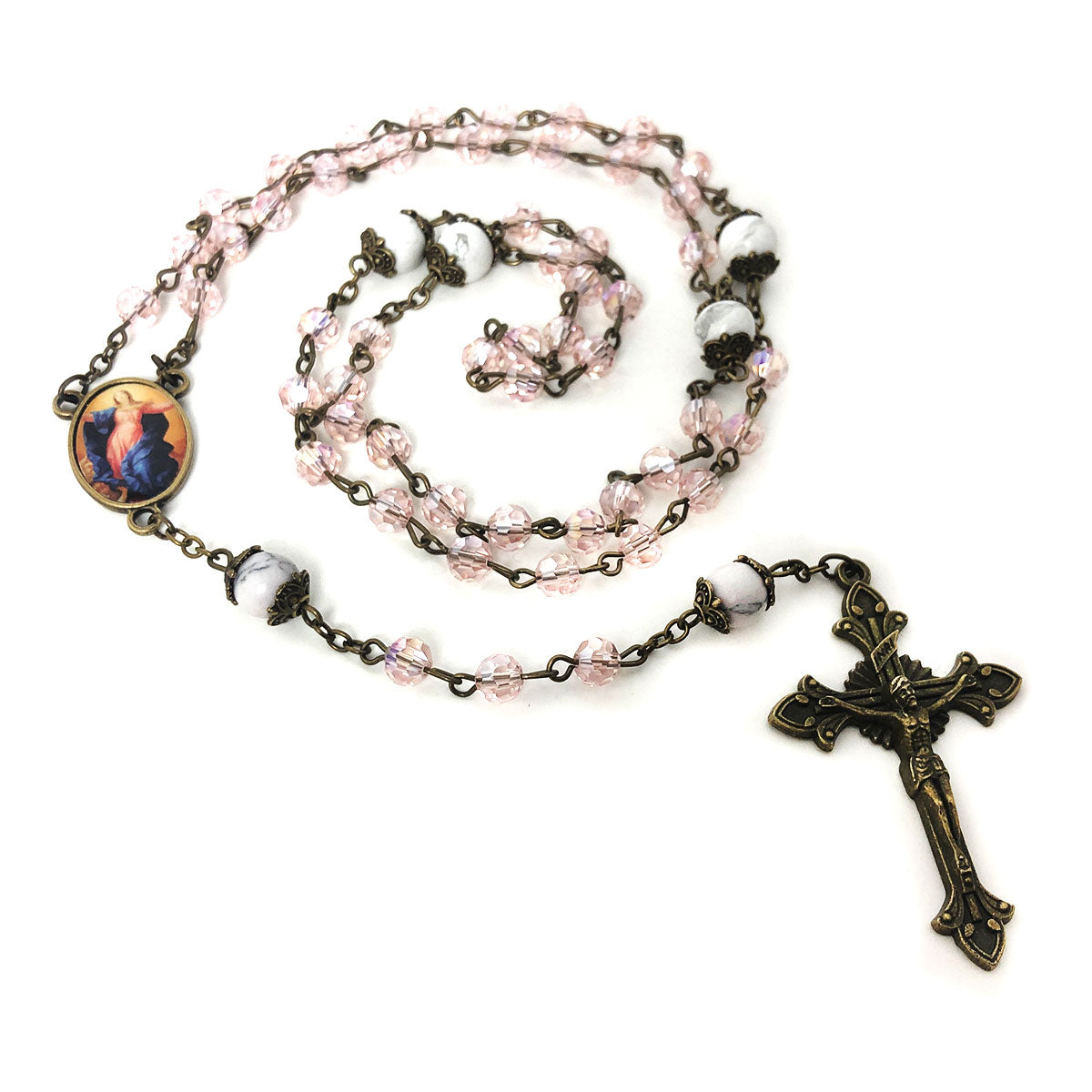 Assumption of the Virgin Mary Pink Crystal and White Howlite Stone Rosary Beads Catholic for Women and Rosary Bracelet for Women Set by Catholic Heirlooms