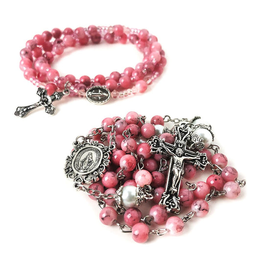 Virgin Mary Marbled Pink and Faux Pearl Acrylic Rosary and 5 Decade Rosary Bracelet Set