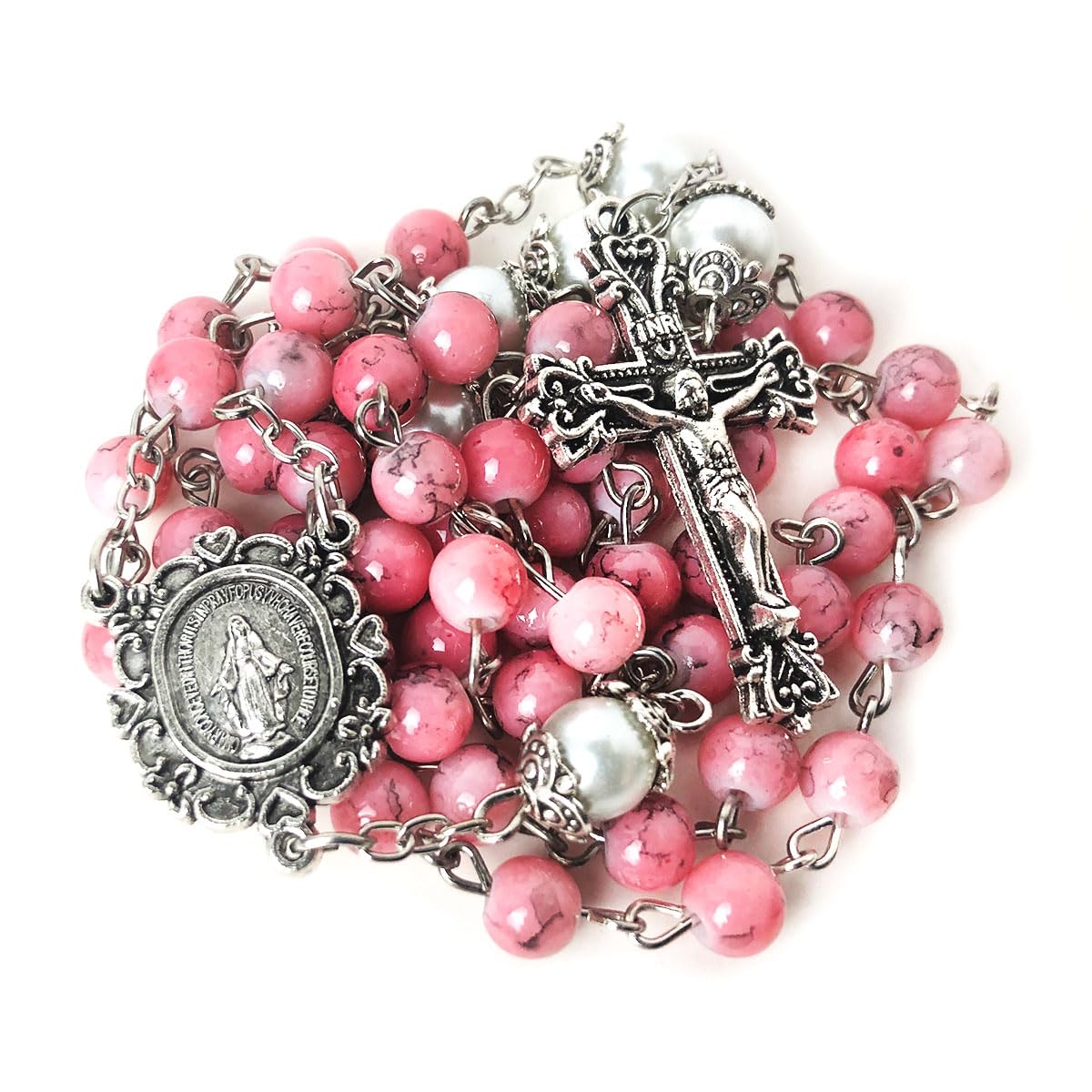 Virgin Mary Marbled Pink and Faux Pearl Acrylic Rosary and 5 Decade Ro ...