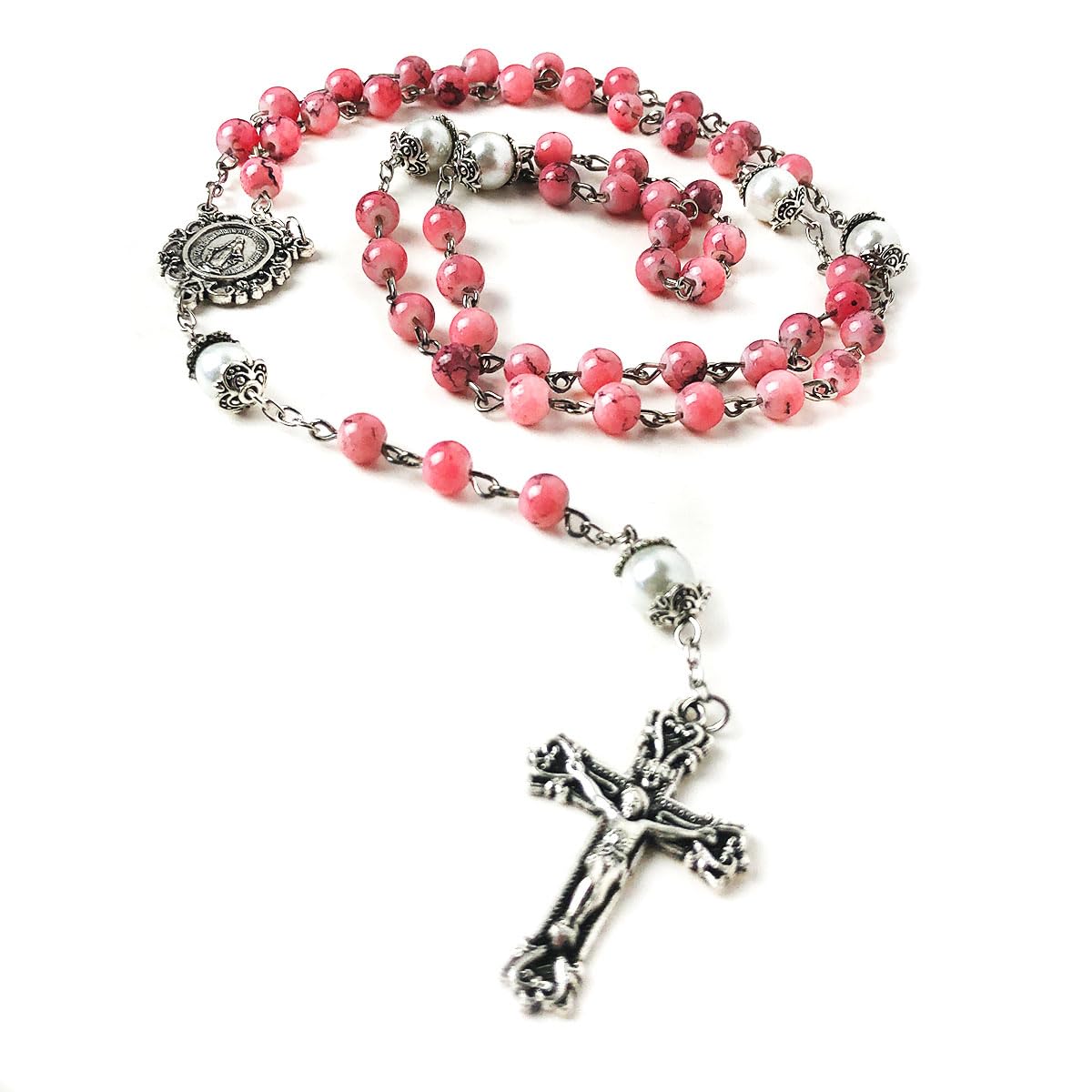 Virgin Mary Marbled Pink and Faux Pearl Acrylic Rosary and 5 Decade Ro ...