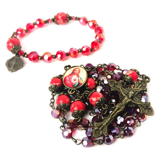 Sacred Heart of Jesus Crystal and Red Sandstone Rosary and Rosary Bracelet for Women Set