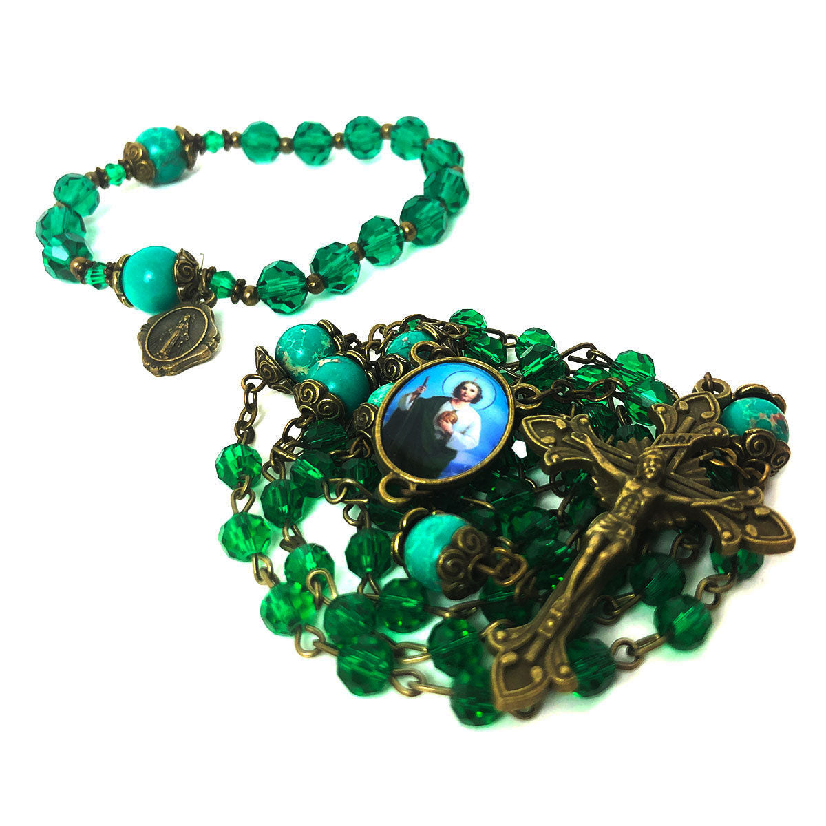 St. Jude Crystal and Green Sandstone Rosary and Bracelet Set by Catholic Heirlooms