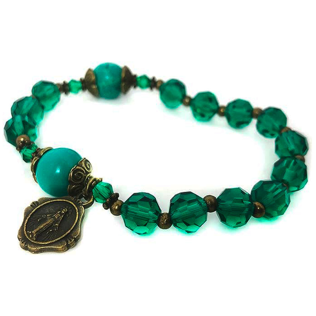 St. Jude Crystal and Green Sandstone Rosary and Bracelet Set by Catholic Heirlooms