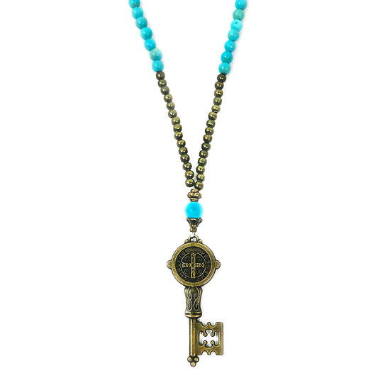 St. Benedict Turquoise Stone Long Pendant Necklace and Bracelet Set by DALIA LORRAINE