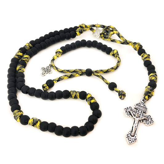 Four Way Medal Black and Yellow Paracord Rosary and Bracelet Set