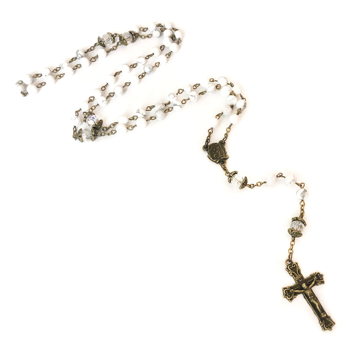 Our Lady of Lourdes White Howlite Stone Rosary Bead and Bracelet Set by Catholic Heirlooms