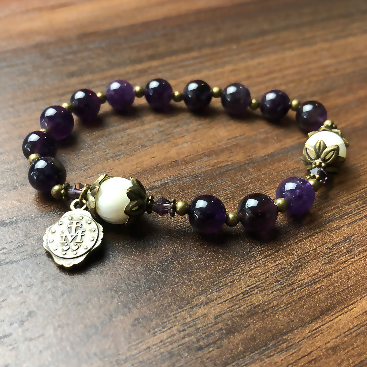 Amethyst and Mother of Pearl Stone Rosary Bracelet by Catholic Heirlooms - Confirmation - Holy Communion Gift