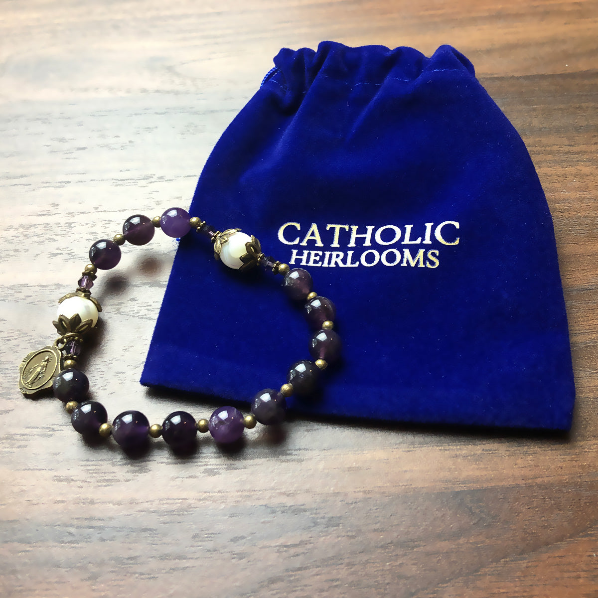 Amethyst and Mother of Pearl Stone Rosary Bracelet by Catholic Heirlooms - Confirmation - Holy Communion Gift