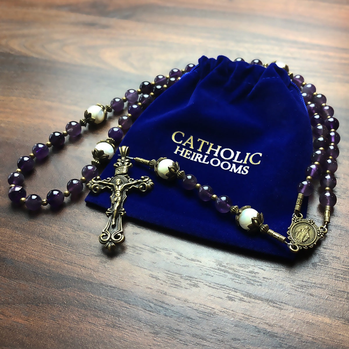 Amethyst and Mother of Pearl Stone Rosary With Miraculous Medal by Catholic Heirlooms - Confirmation - Holy Communion Gift - Rosary Necklace