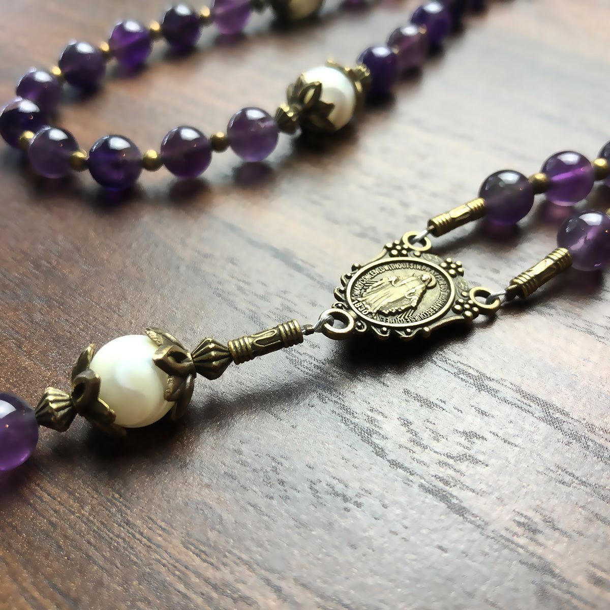 Amethyst and Mother of Pearl Stone Rosary With Miraculous Medal by Catholic Heirlooms - Confirmation - Holy Communion Gift - Rosary Necklace