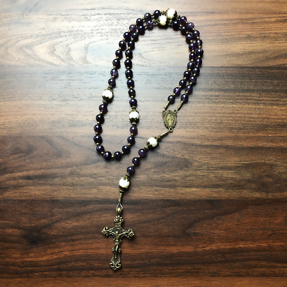 Amethyst and Mother of Pearl Stone Rosary With Miraculous Medal by Cat ...