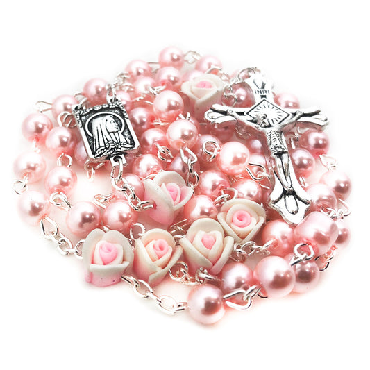 SINGLE DECADE CHAPLET - PINK ROSE FIMO CLAY ROSARY