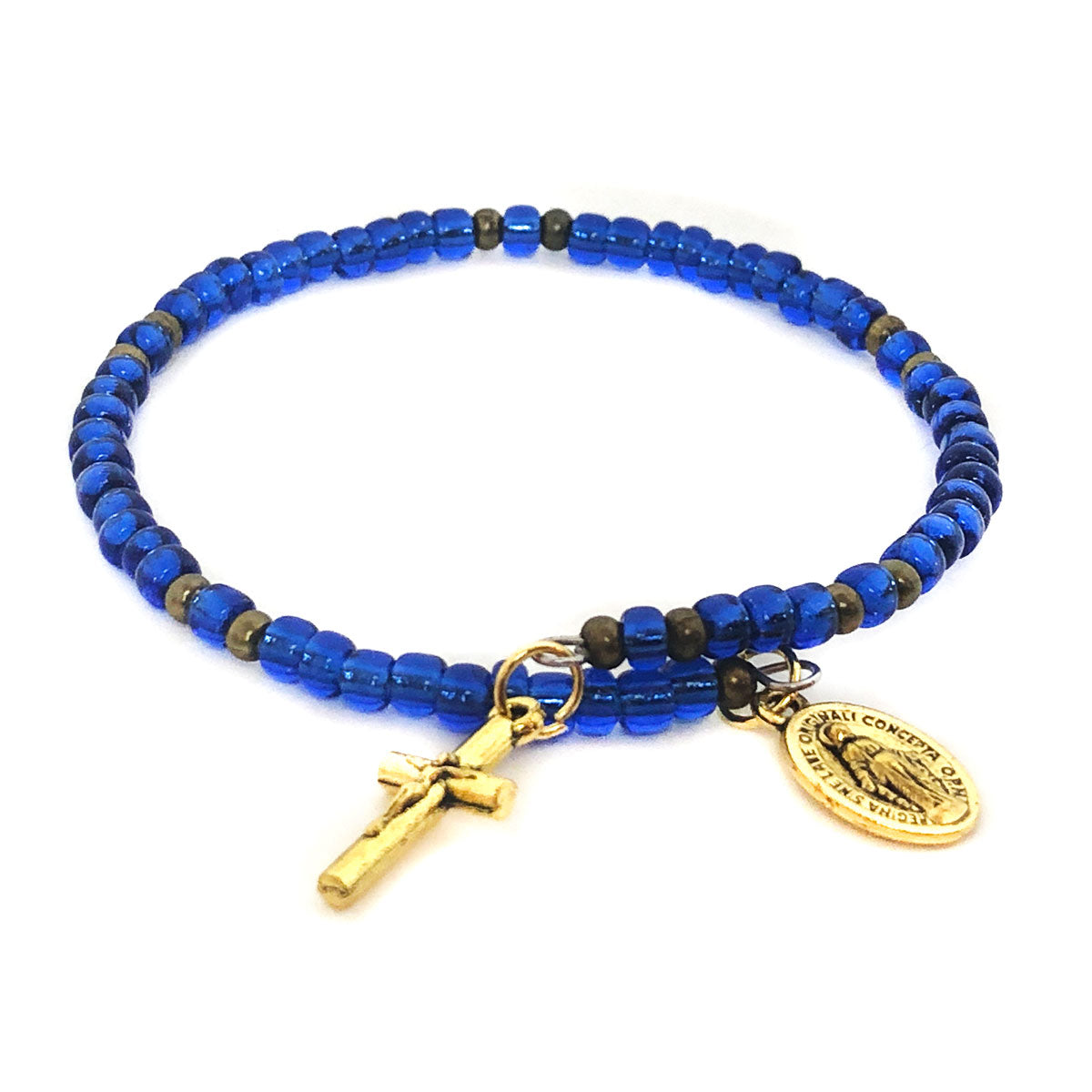 Miraculous Medal Blue Lapis Lazuli Front Toggle Clasp Necklace and Rosary Bracelet Set by DALIA LORRAINE