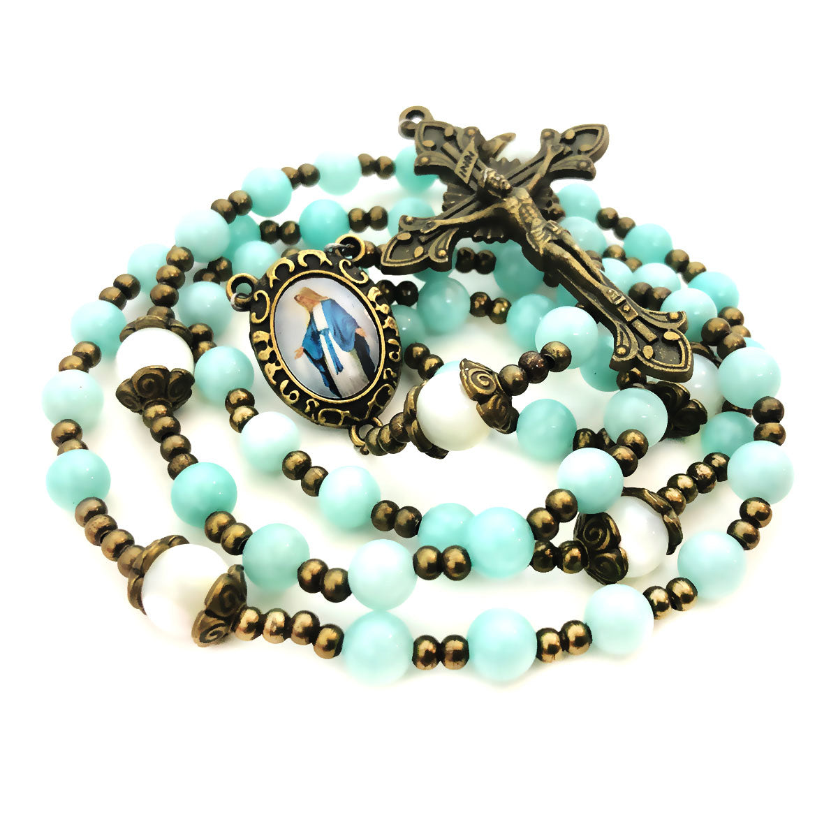 Catholic Heirlooms Our Lady Of Grace Blue Sponge Quartz and Mother of Pearl Stone Rosary