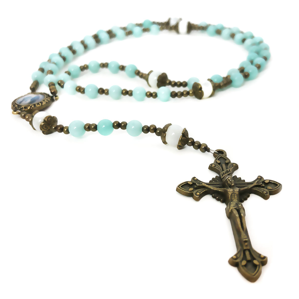 Catholic Heirlooms Our Lady Of Grace Blue Sponge Quartz and Mother of Pearl Stone Rosary