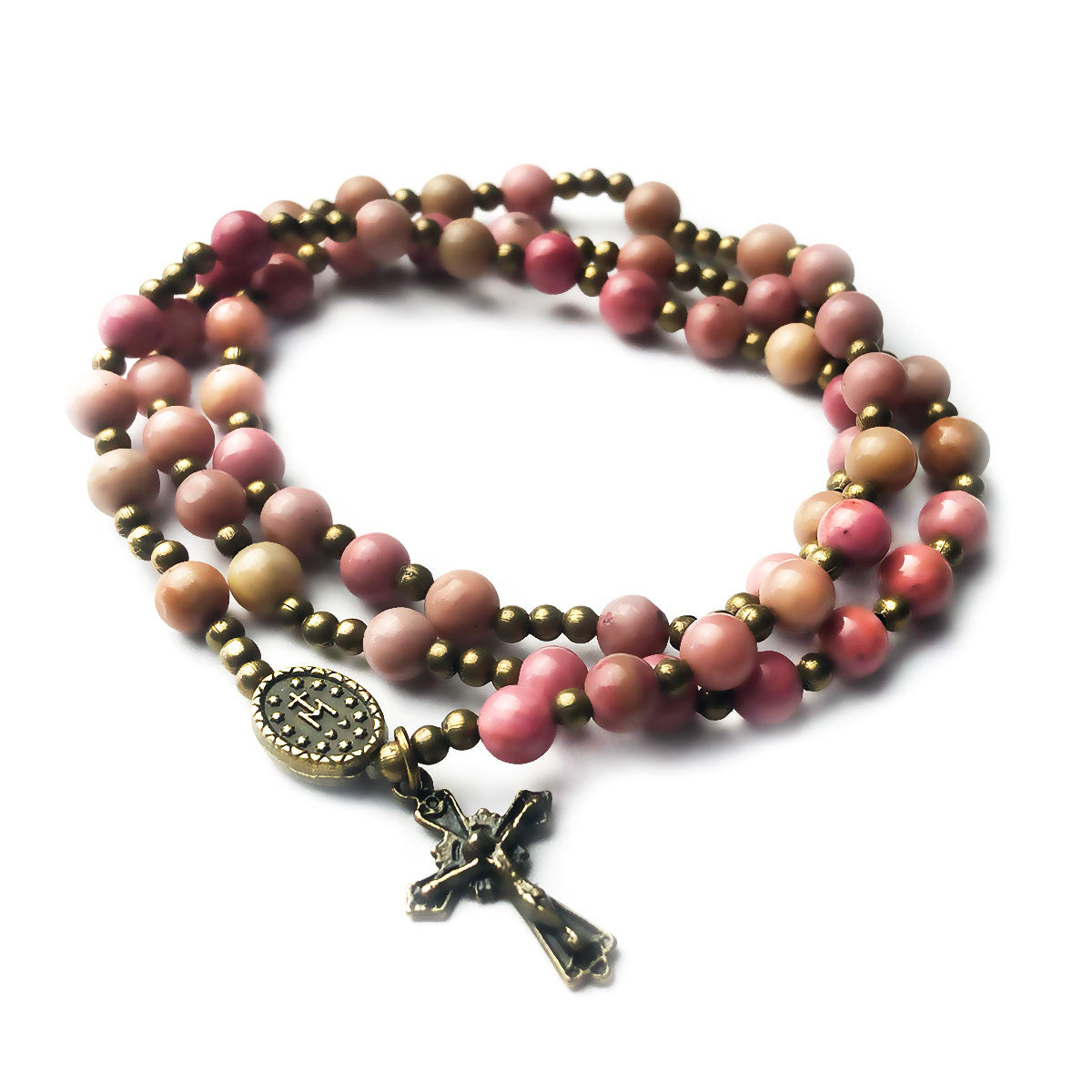 Pink Rhodonite Stone Full 5-Decade Catholic Rosary Bracelet by Catholic Heirlooms - Confirmation - Holy Communion Gift