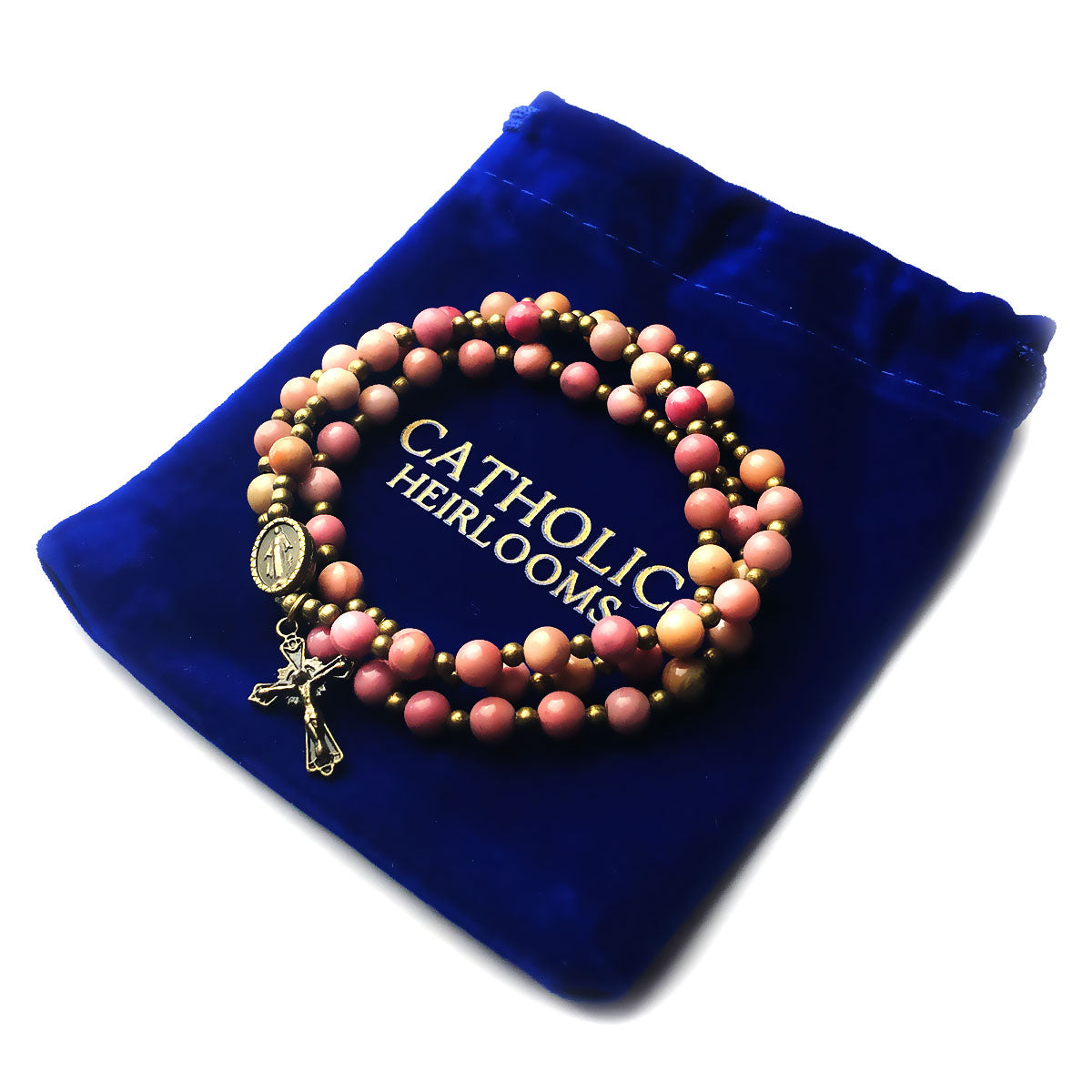 Pink Rhodonite Stone Full 5-Decade Catholic Rosary Bracelet by Catholic Heirlooms - Confirmation - Holy Communion Gift