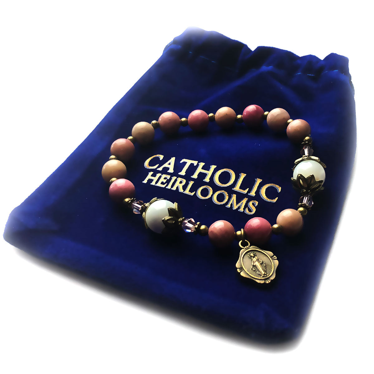 Pink Rhodonite and Mother of Pearl Stone Rosary Bracelet by Catholic Heirlooms - Confirmation - Holy Communion Gift