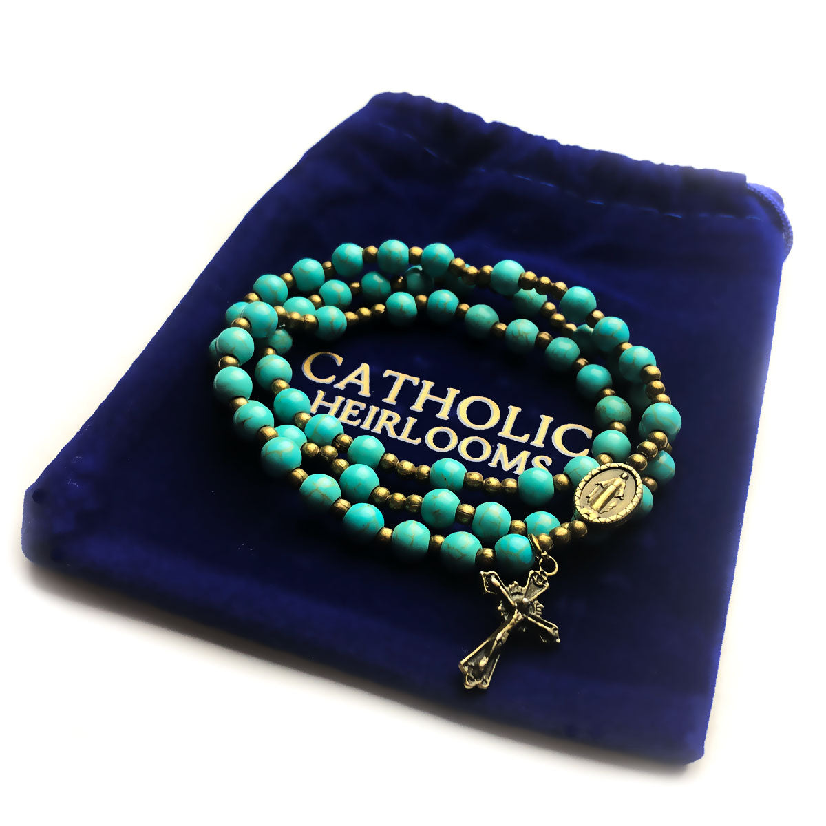 Turquoise Stone Full 5-Decade Catholic Rosary Bracelet by Catholic Heirlooms - Confirmation - Holy Communion Gift