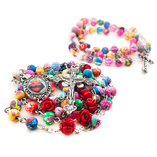 SINGLE DECADE CHAPLET - PINK ROSE FIMO CLAY ROSARY