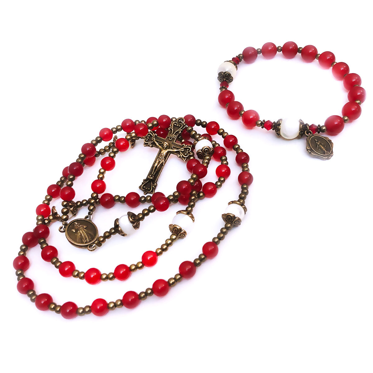 Divine Mercy Red Jade Stone Rosary and Bracelet Set by Catholic Heirlooms