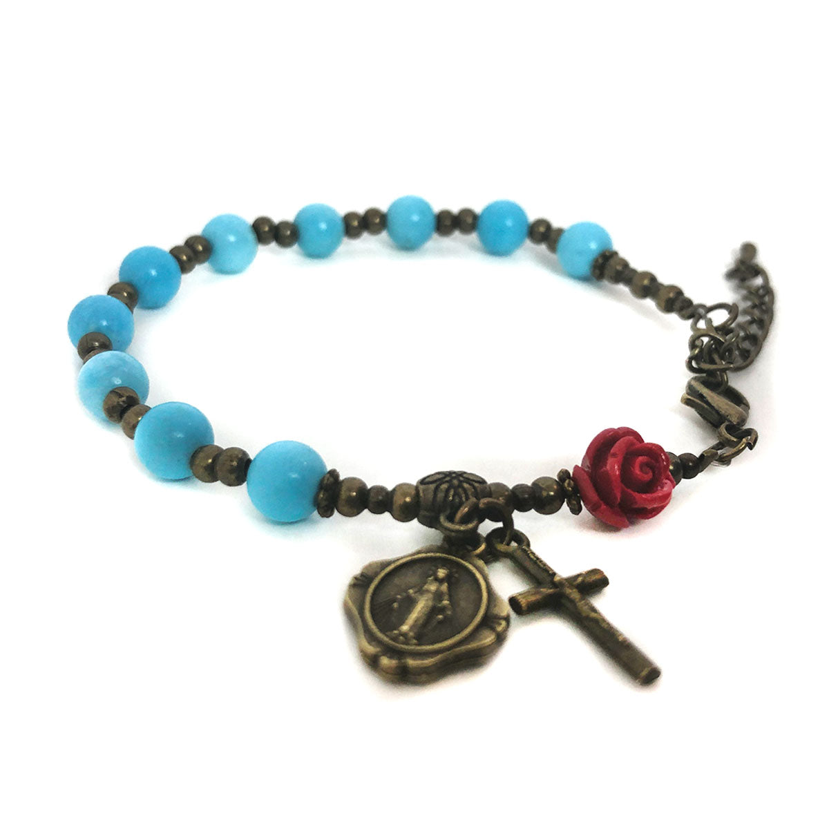 Our Lady of Lourdes Turquoise and Red Rose Rosary and Rosary Bracelet Set by Catholic Heirlooms