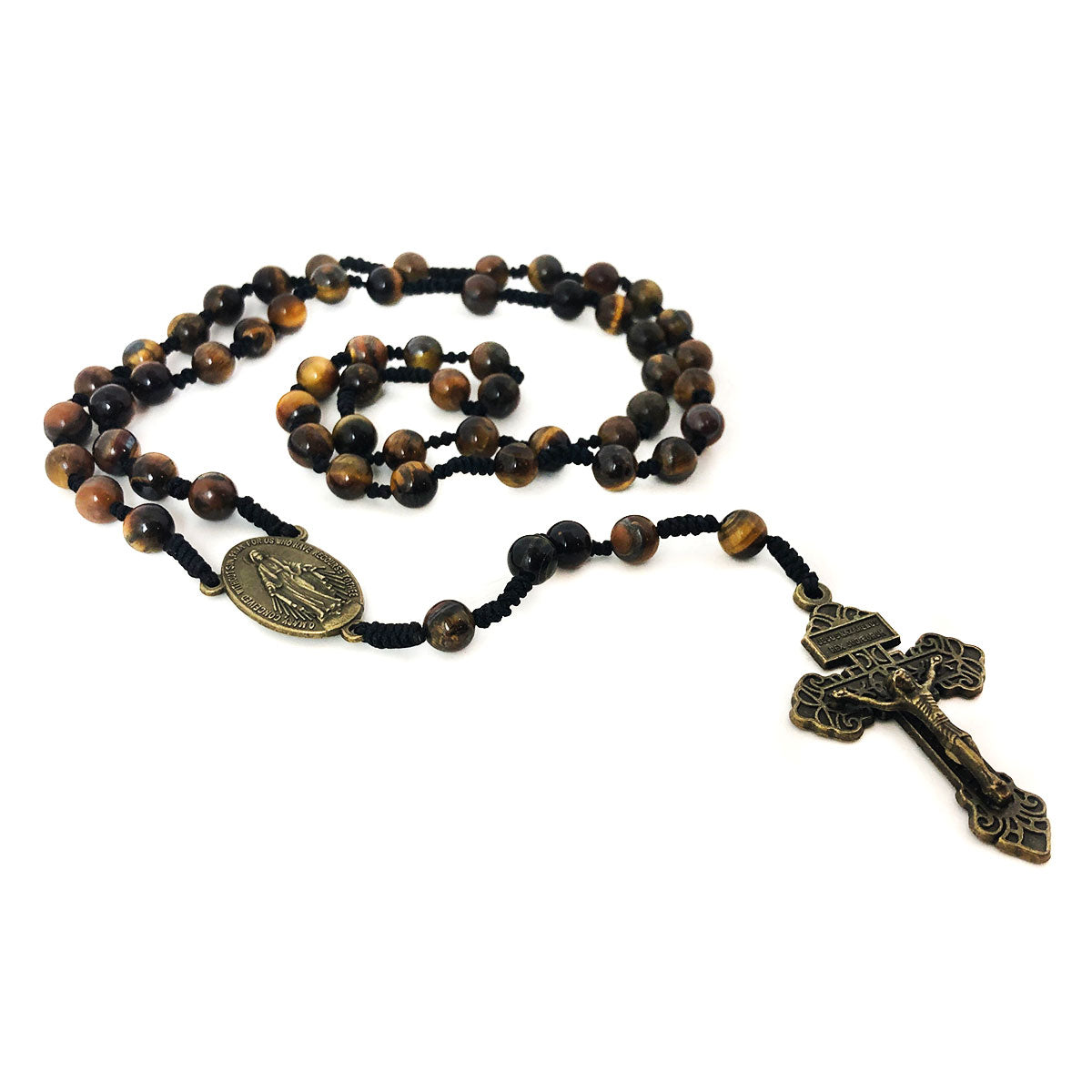 Tiger's Eye Stone Miraculous Medal Cord Rosary & Rosary Bracelet Set by Catholic Heirlooms