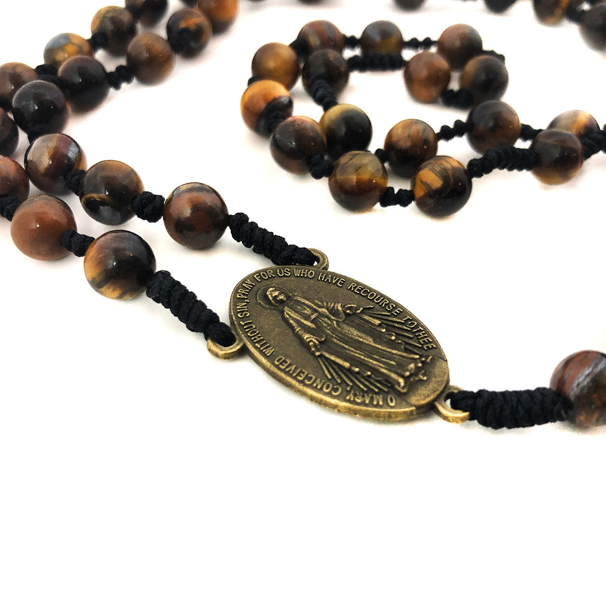 Tiger's Eye Stone Miraculous Medal Cord Rosary & Rosary Bracelet Set by Catholic Heirlooms