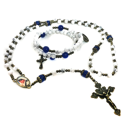 Mother Teresa White Howlite Stone Rosary and Rosary Bracelet Set by Catholic Heirlooms