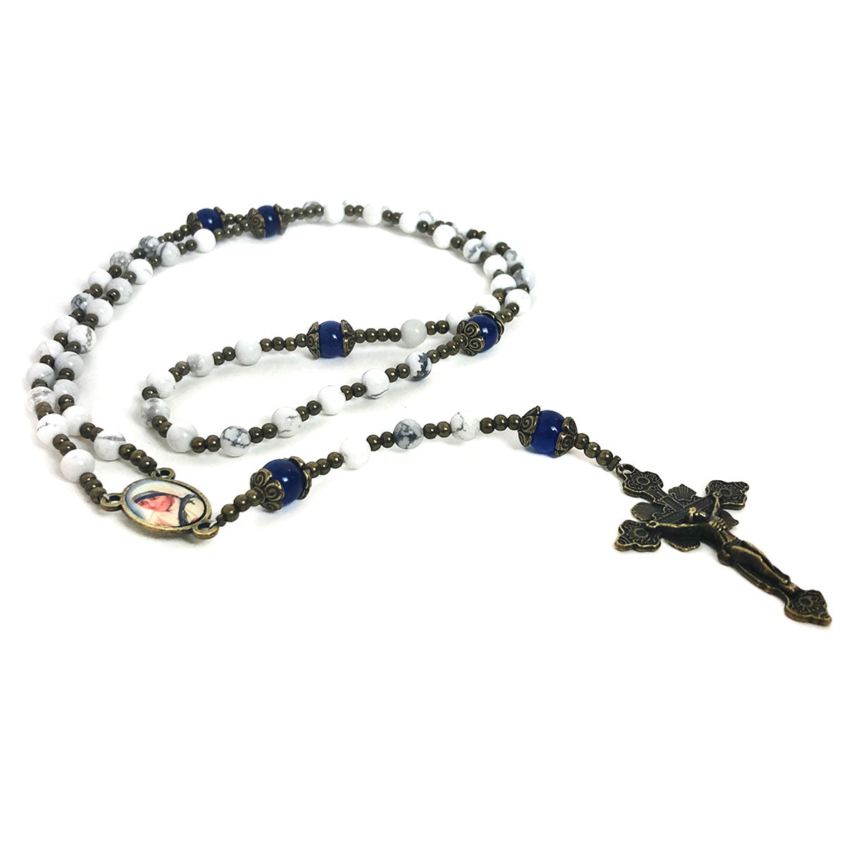 Mother Teresa White Howlite Stone Rosary and Rosary Bracelet Set by Catholic Heirlooms