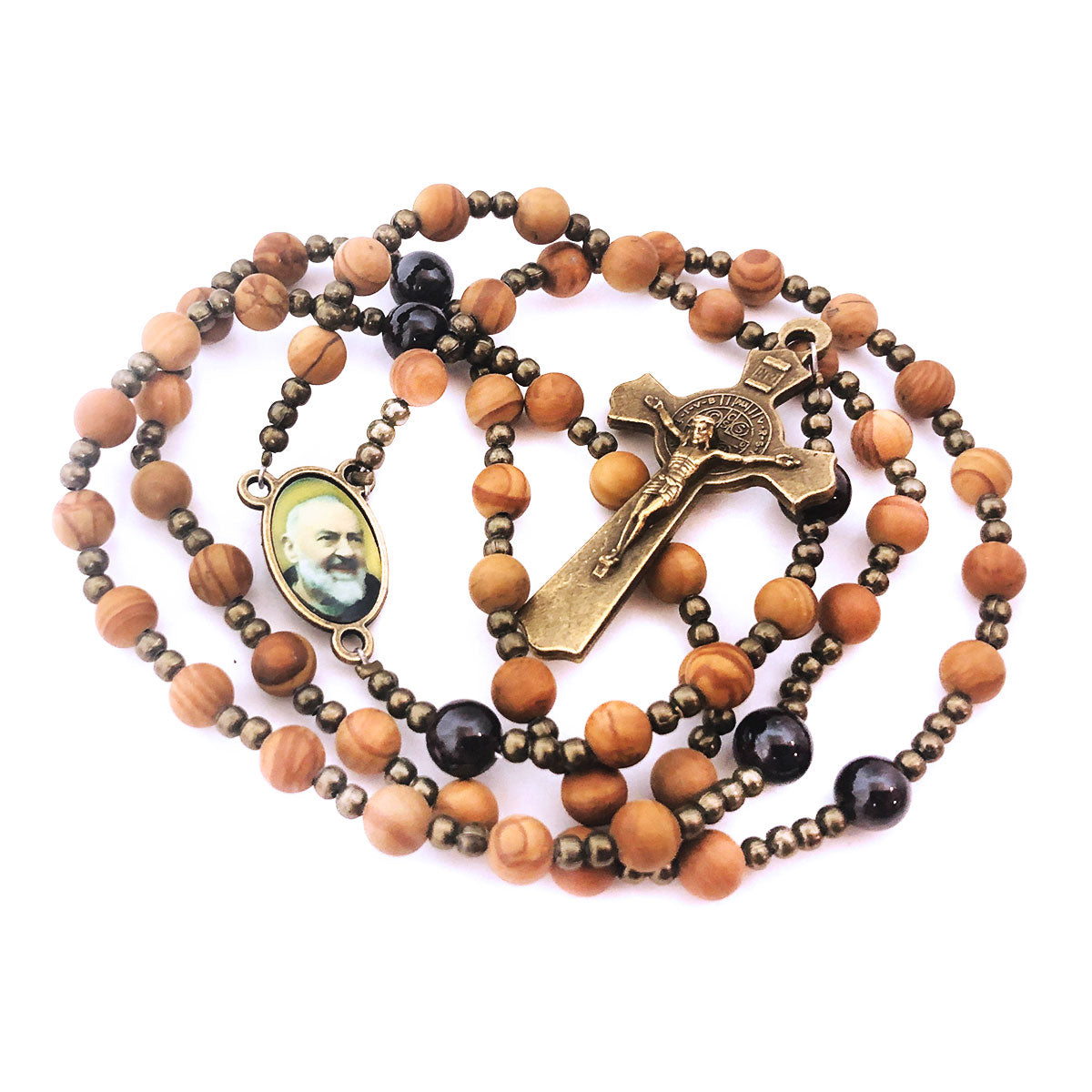 Padre Pio Wood and Stone Rosary and Rosary Bracelet Set by Catholic Heirlooms