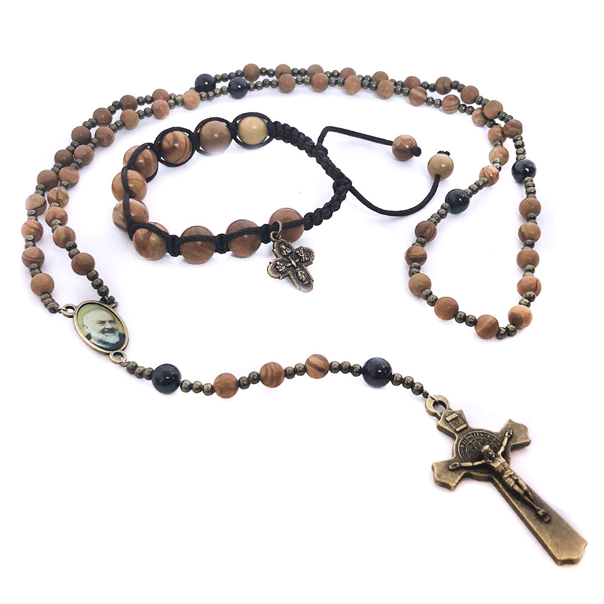 Padre Pio Wood and Stone Rosary and Rosary Bracelet Set by Catholic Heirlooms