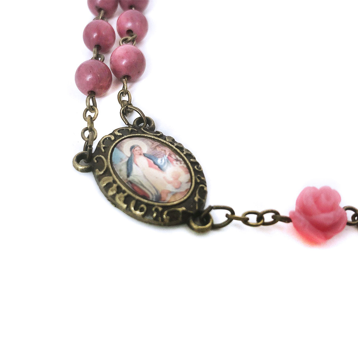 Mother Mary and Baby Jesus Pink Rhodonite Stone Rose Rosary and Rosary Bracelet Set by Catholic Heirlooms