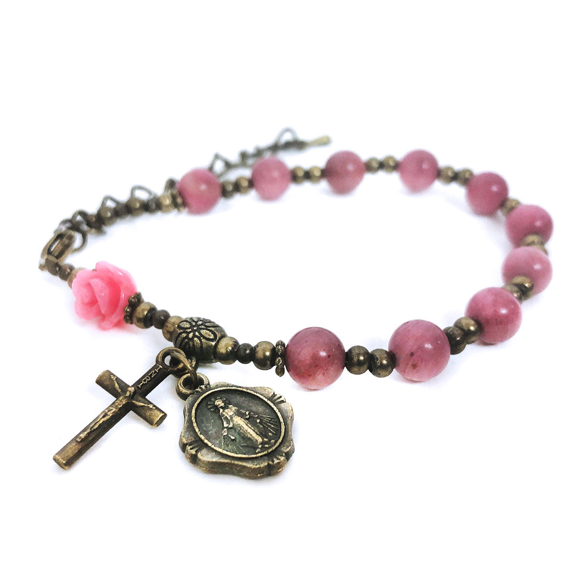 Mother Mary and Baby Jesus Pink Rhodonite Stone Rose Rosary and Rosary Bracelet Set by Catholic Heirlooms