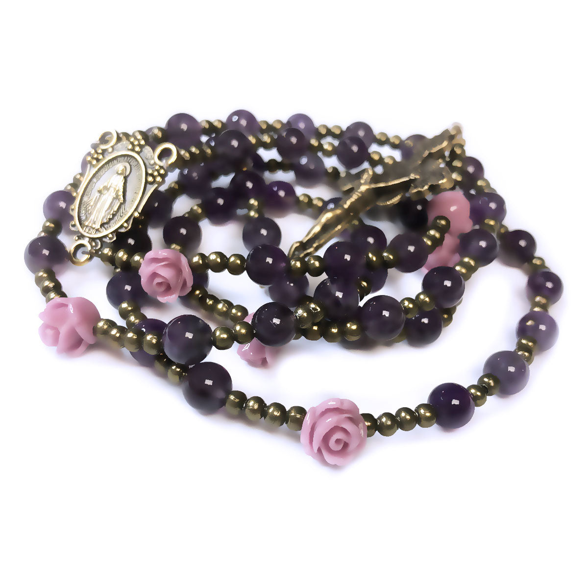 Miraculous Medal Purple Amethyst Stone Lavender Rose Rosary