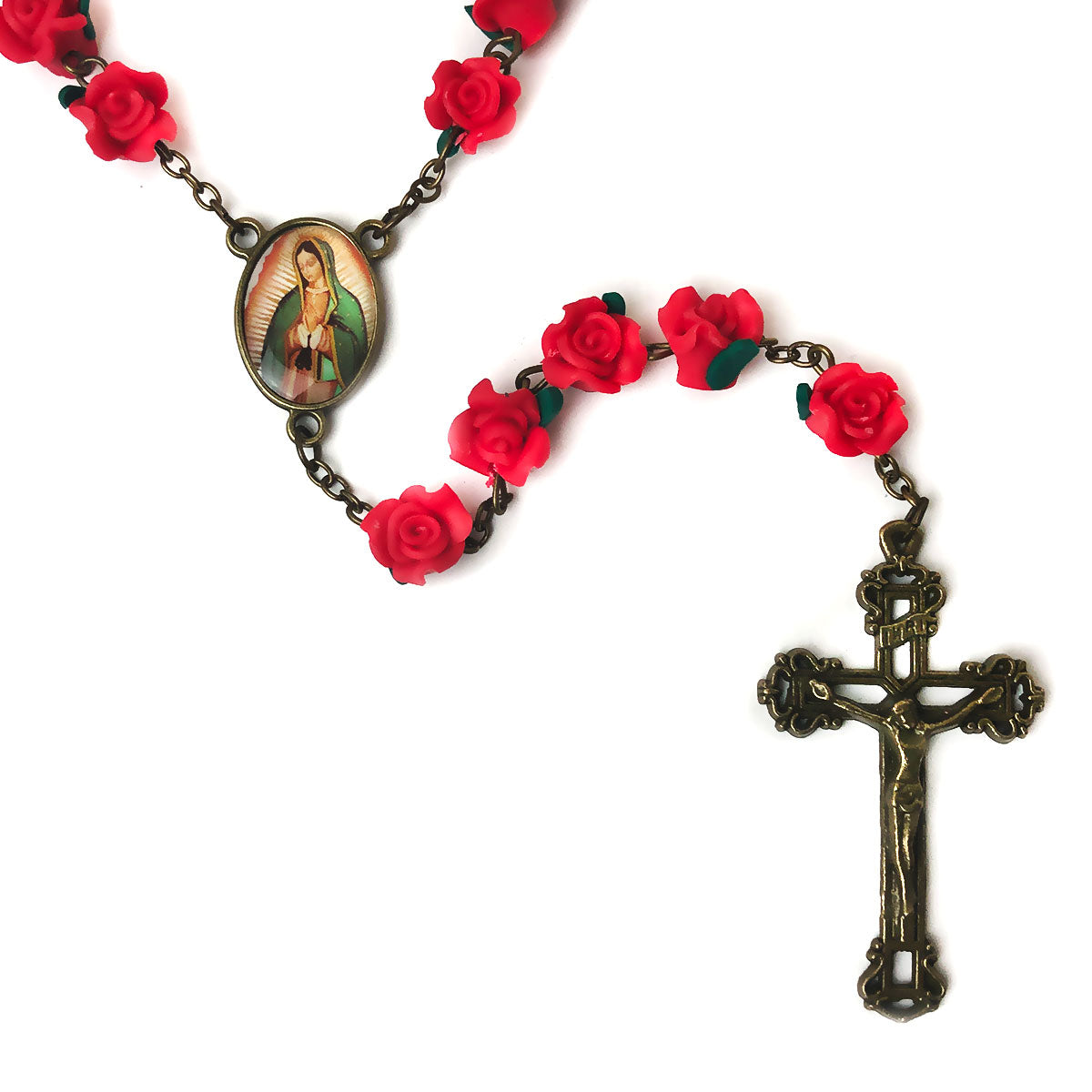 Our Lady of Guadalupe Red Rose Garden Rosary in Antique Bronze Finish with Velvet Rosary Pouch - Deluxe Boxed