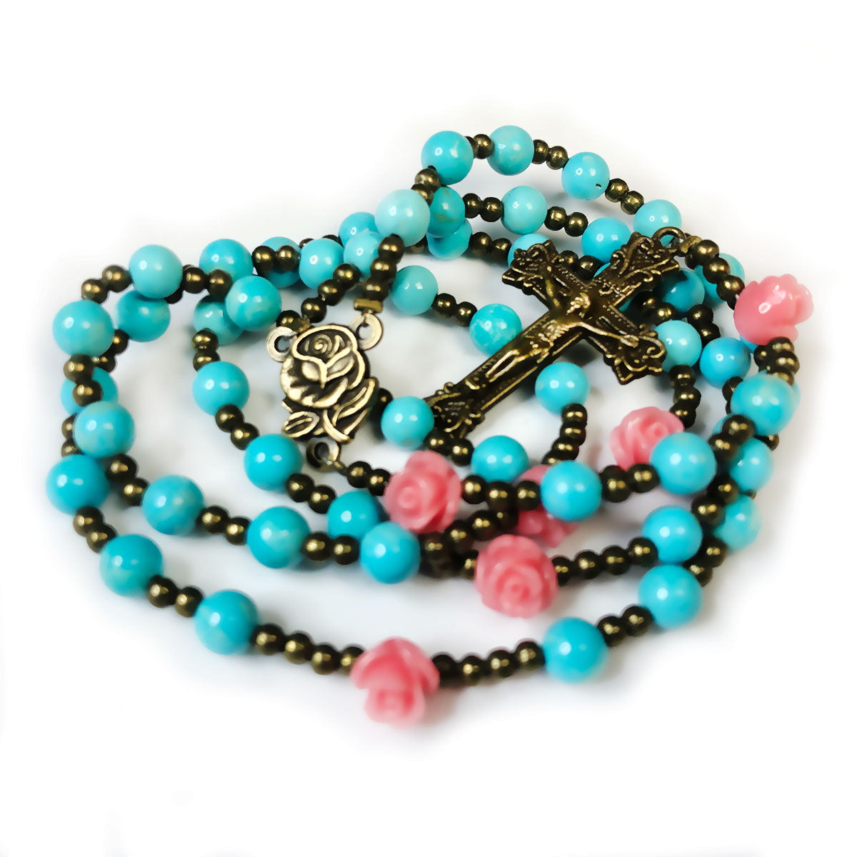 Catholic Heirlooms Our Lady Of Lourdes Turquoise Stone Pink Rose Rosary