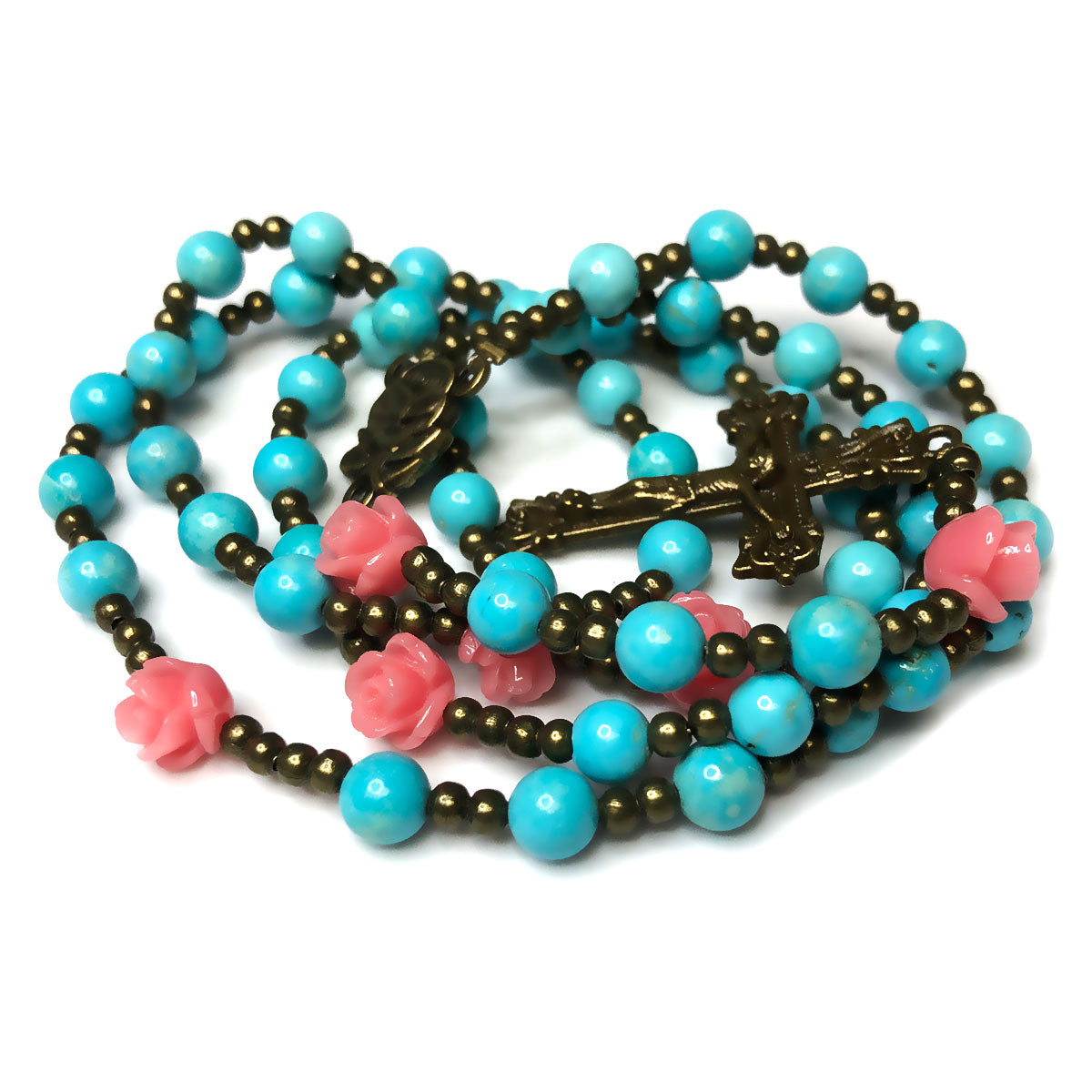 Catholic Heirlooms Our Lady Of Lourdes Turquoise Stone Pink Rose Rosary