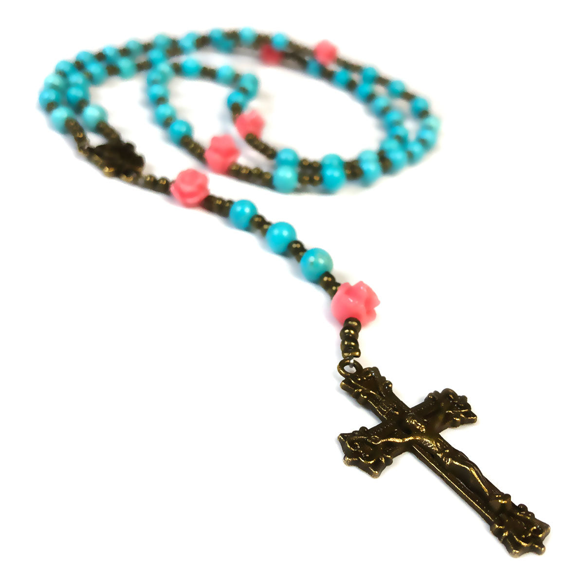 Catholic Heirlooms Our Lady Of Lourdes Turquoise Stone Pink Rose Rosary