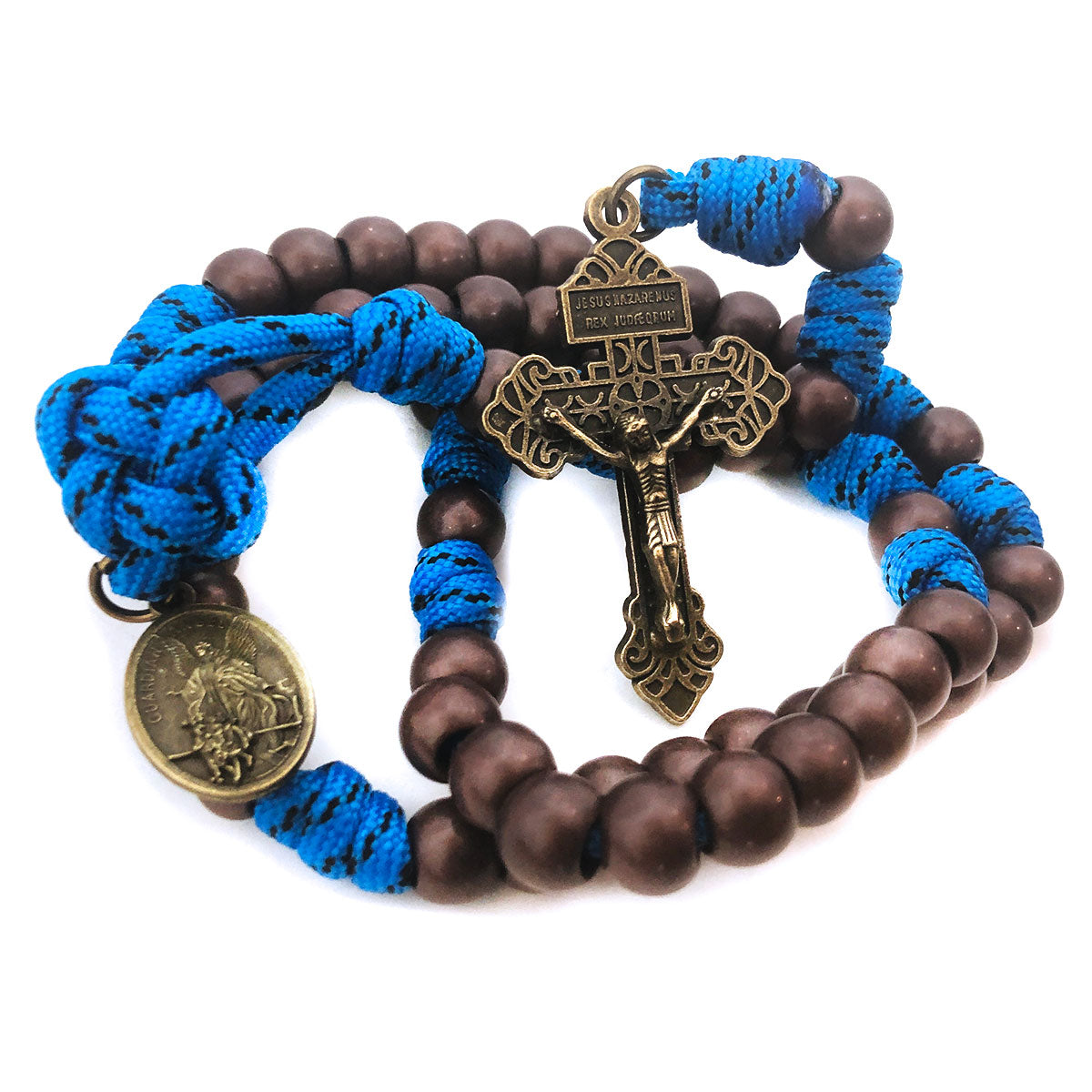 St. Michael Bronze and Blue Paracord Rosary and Rosary Bracelet Set by Catholic Heirlooms